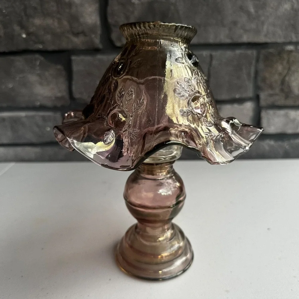 Vintage Fenton Cabbage Rose Glass Fairy Lamp Light Amethyst - 3 Piece - Cottage